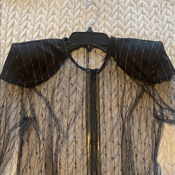 Zhivago Sheer Black Mesh Zip-Up Blouse with Puffed Shoulders - Picture 2 of 6